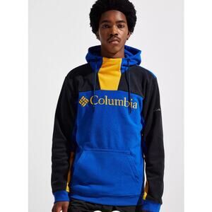 Columbia Colorblock Hoodie Mens Small Blue Fleece Pullover Big Logo Streetwear